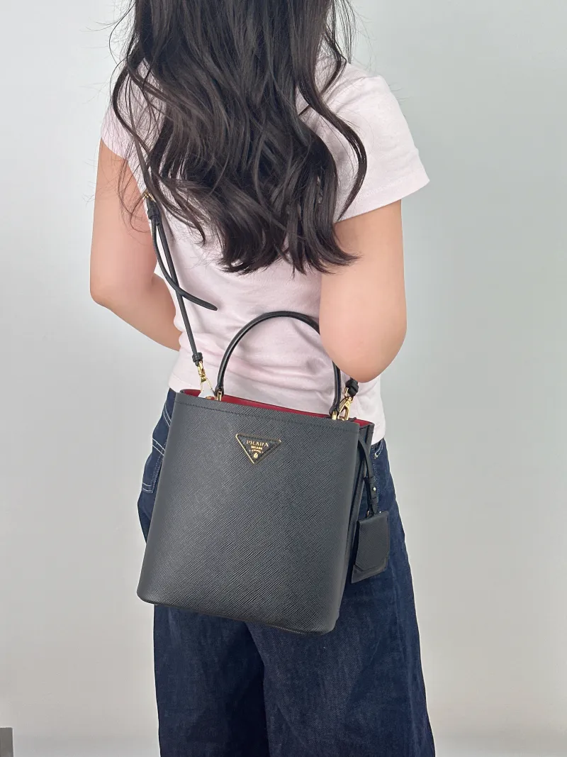 PRADA Shoulder Bag Panier Black Calfskin One Size 21.5 × 13 × 22.5 cm — on-model view 2 of 2