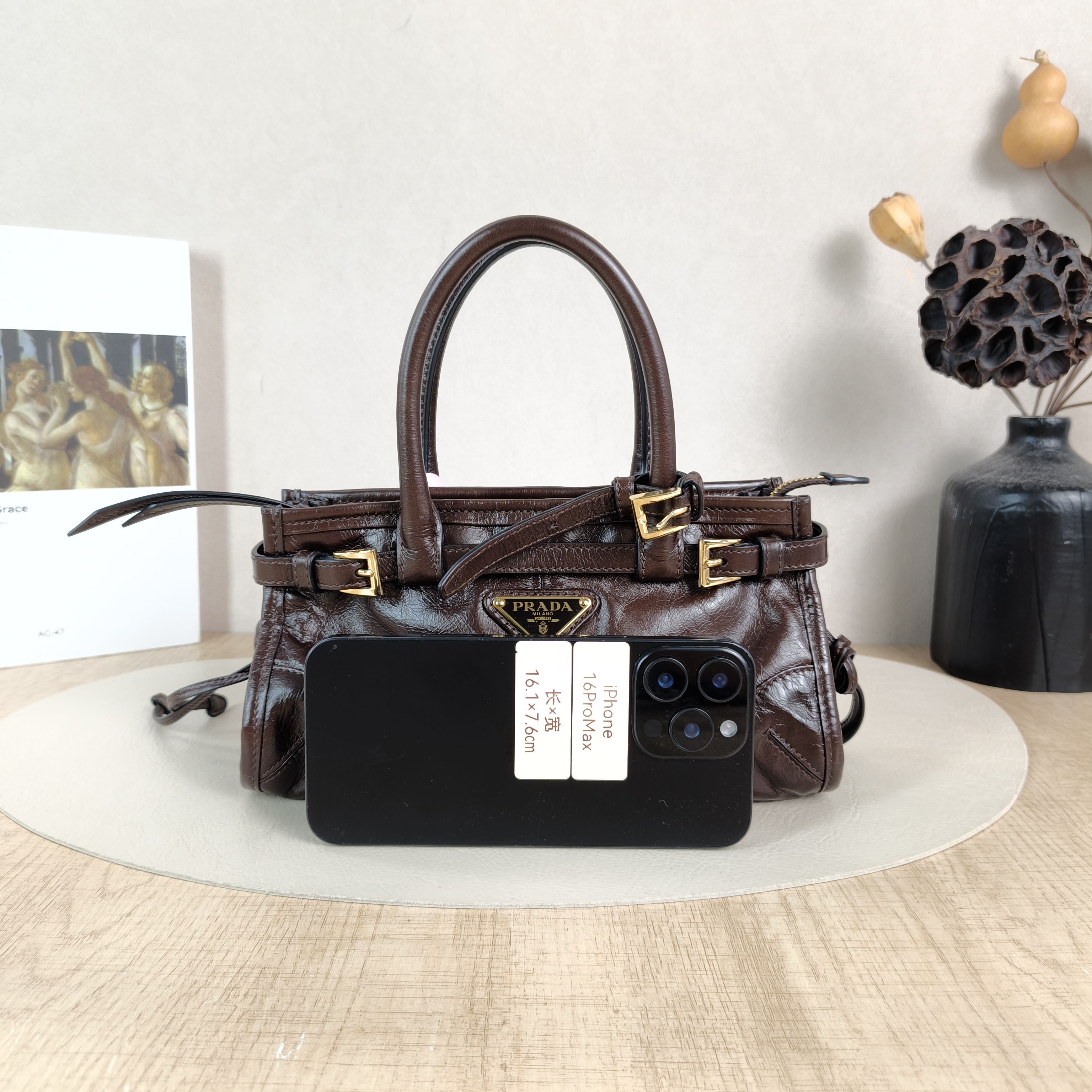 PRADA Top Handle Bag Bonnie Soft Lux Waxed Leather Calfskinmini23.5 × 9 × 12 cm — cover view 3 of 6