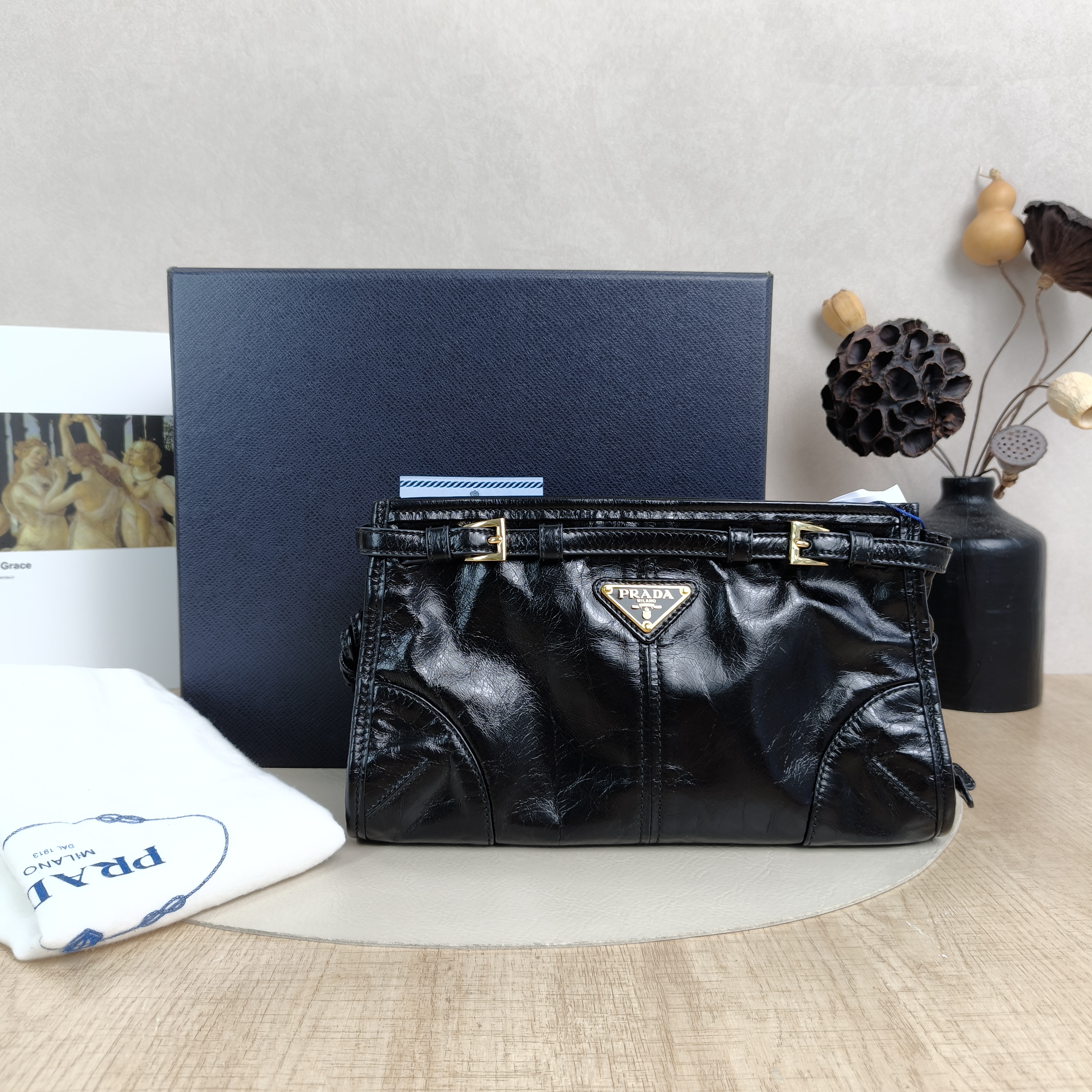 PRADA Crossbody Bag Bonnie Soft Lux Shoulder Strap Edition Black Waxed Leather Small26 × 12 × 14 cm — cover view 2 of 6