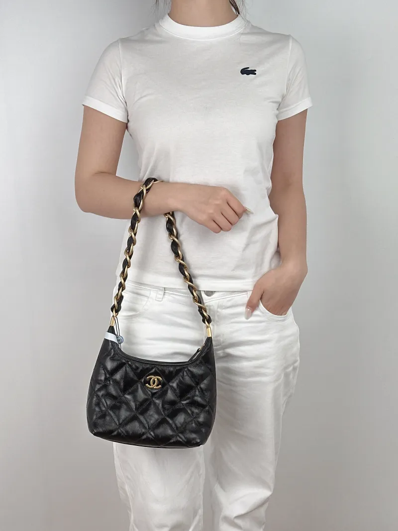 Chanel Shoulder Bag Hobo Black Lambskin Small 22.5 × 8.5 × 19.5 cm — on-model view 1 of 2