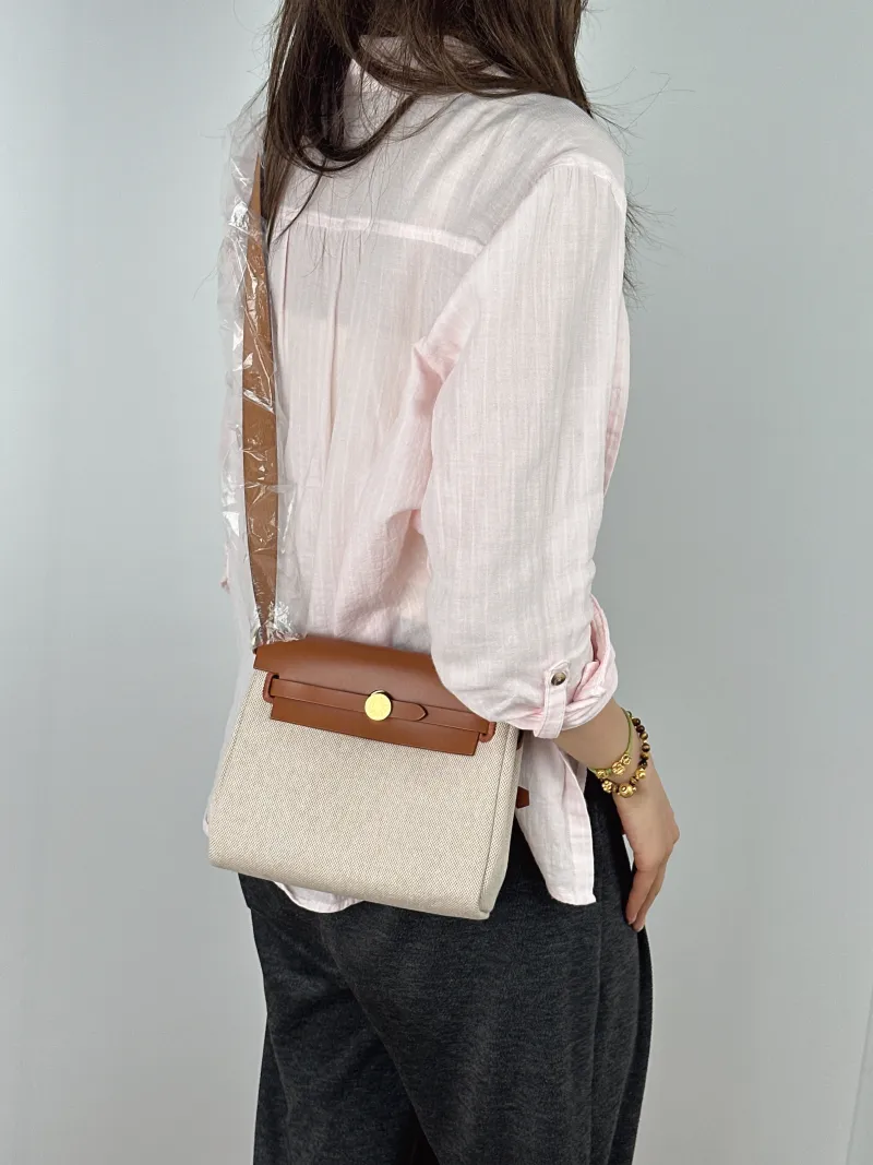 Hermès Crossbody Bag Herbag Zip 20 Beige Brown Calfskin，Canvas Mini 20.5 × 7 × 16.5 cm G — on-model view 2 of 2