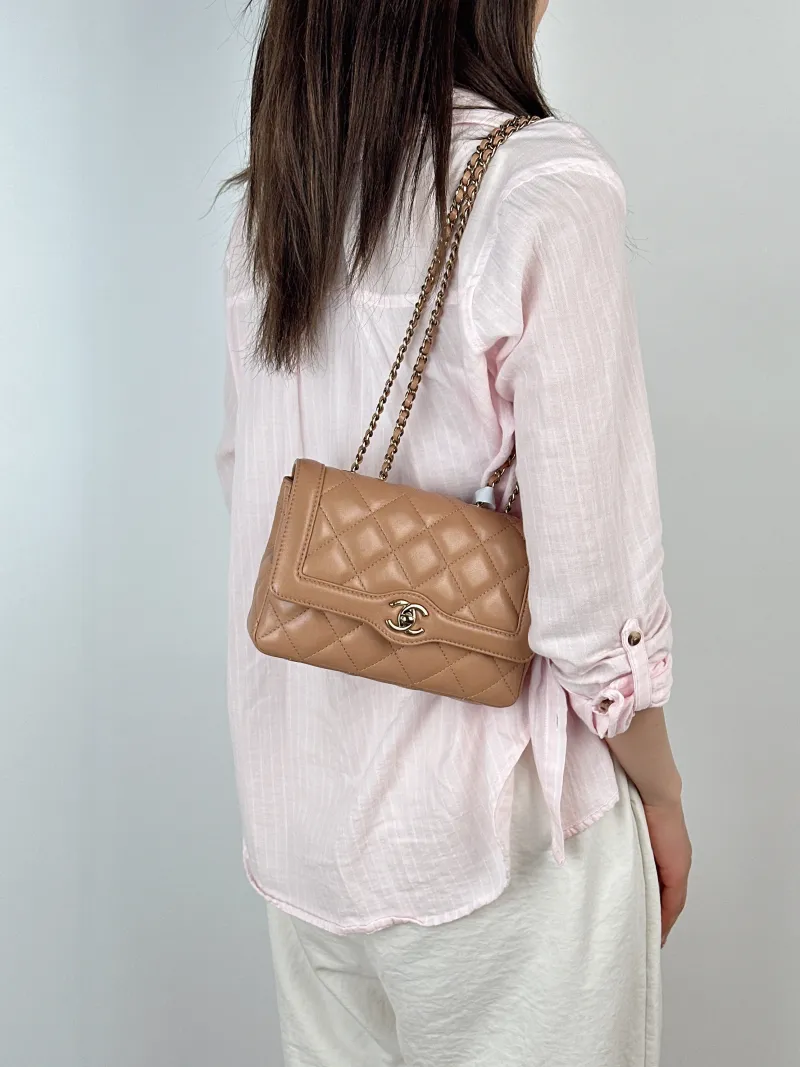 Chanel Crossbody Bag Crossbody Bag Taupe Calfskin One Size20 × 3.5 × 14 cm — on-model view 2 of 3