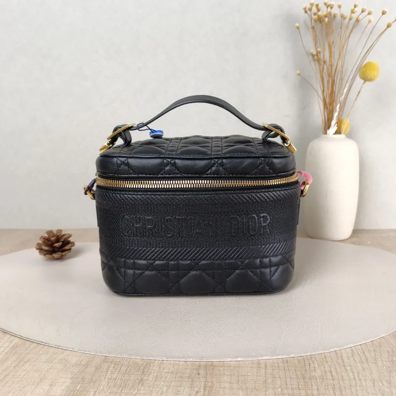 DIOR Top Handle Bag Travel Vanity Cosmetic Bag Black Lambskin Canvas 18.5 × 10 × 14 cm