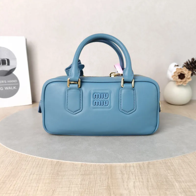 Miumiu Top Handle Bag Arcadie Collection Bowling Bag Blue Calfskin Medium22 × 7.5 × 10.5 cm
