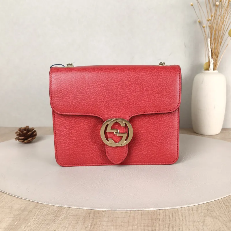 GUCCI Crossbody Bag g Collection Red Calfskin Small 20 × 9 × 16 cm