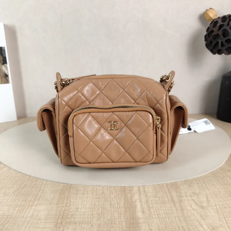 Chanel Crossbody Bag Camera Bag Taupe Lambskin One Size 24 × 17 × 18 cm
