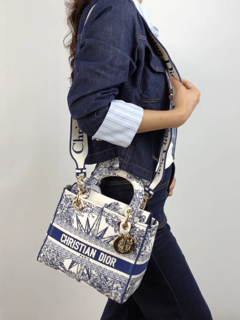 DIOR Top Handle Bag Lady Lady Dior Bag Blue Canvas Medium 24 × 12 × 21 cm — on-model view 2 of 2