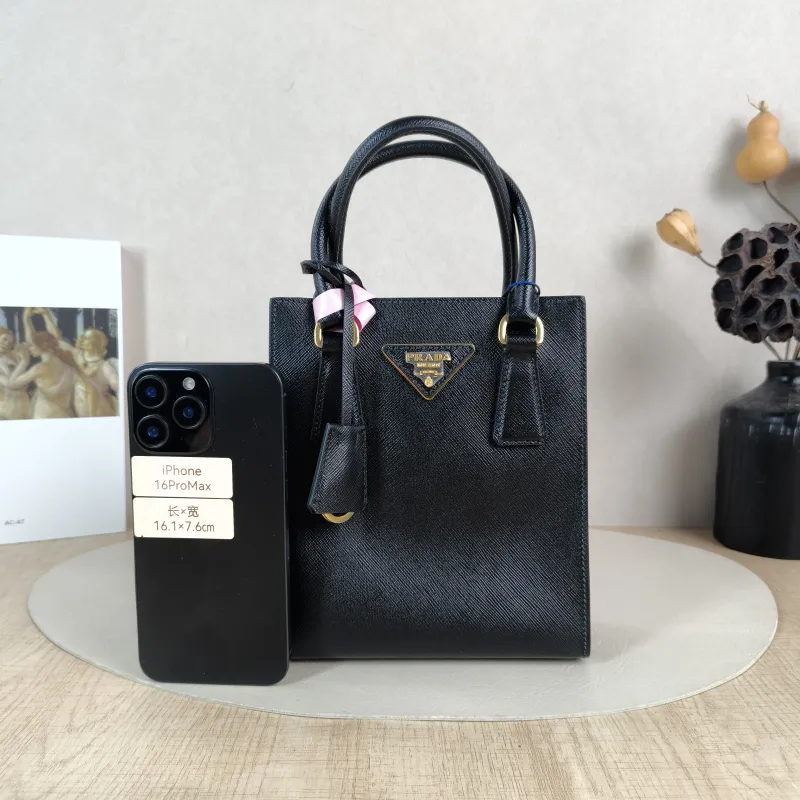 PRADA Top Handle Bag Saffiano Black Calfskin One Size 17 × 6 × 19 cm — cover view 5 of 5