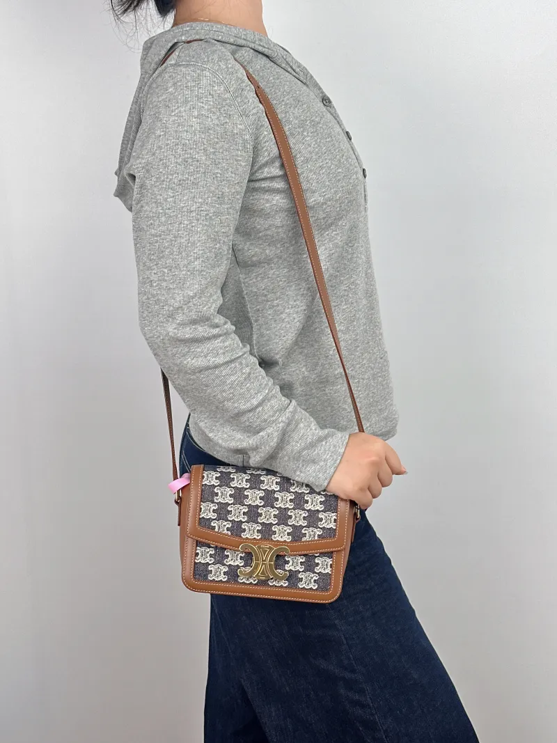 CELINE Crossbody Bag Teen Triomphe Blue Brown Small 18.5 × 6 × 14 cm — on-model view 2 of 2