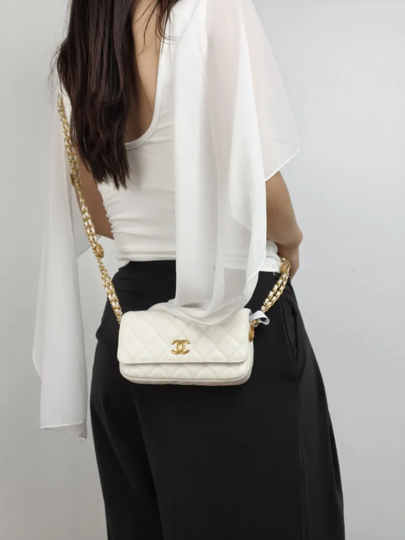 Chanel Crossbody Bag Crossbody Bag White Gold Grained Calfskin One Size 17 × 3 × 9.5 cm — on-model view 1 of 2