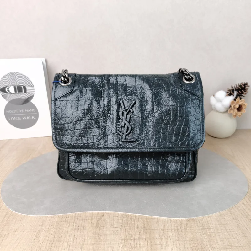 SAINT LAURENT Crossbody Bag Niki D Green Calfskin Medium 28 × 8.5 × 20 cm