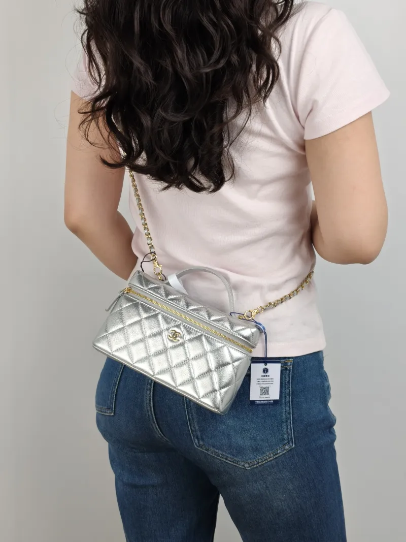 Chanel Crossbody Bag lp Box Bag Top Handle Crossbody Bag Silver Grained Calfskin 19.5 × 5 × 17 cm — on-model view 3 of 3