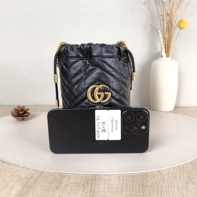 GUCCI Crossbody Bag GG Marmont Marmont Bucket Bag Black with Gold-Tone Hardware Calfskinmini13 × 10 × 17.5 cm — cover view 2 of 5