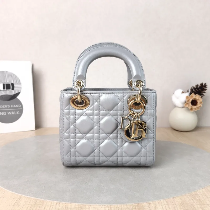 DIOR Crossbody Bag Lady Lady Dior Bag Grey Lambskin Mini 17 × 7 × 15 cm