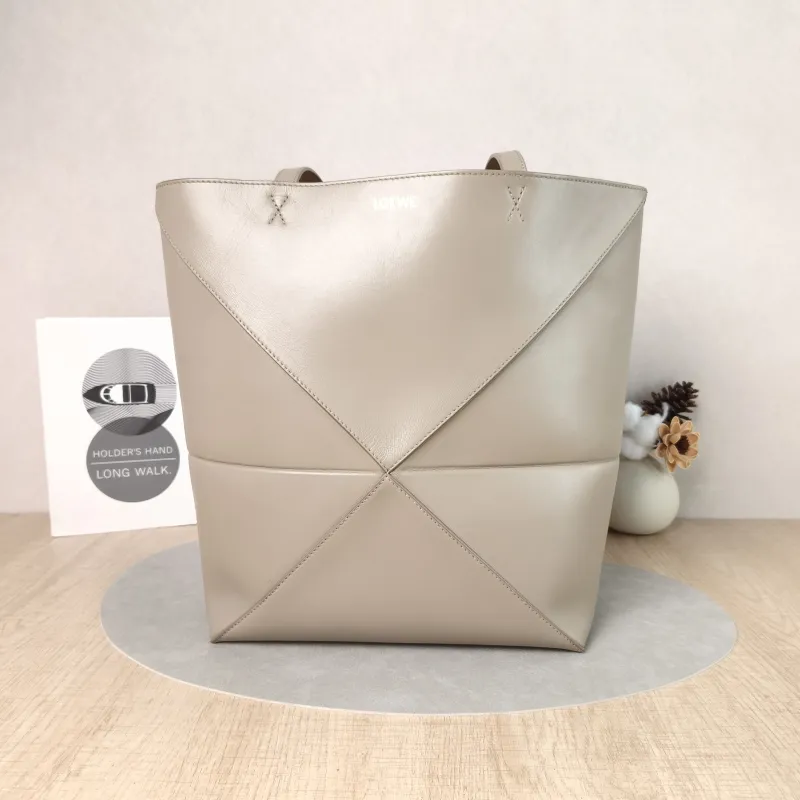 LOEWE Shoulder Bag Puzzle Fold Shopping Tote Grey Calfskin Medium 25.5 × 14.5 × 31.5 cm
