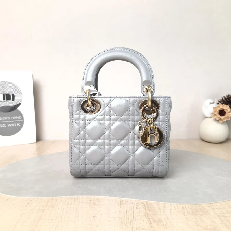 DIOR Crossbody Bag Lady Lady Dior Bag Grey Lambskin Mini 17 × 7 × 15 cm