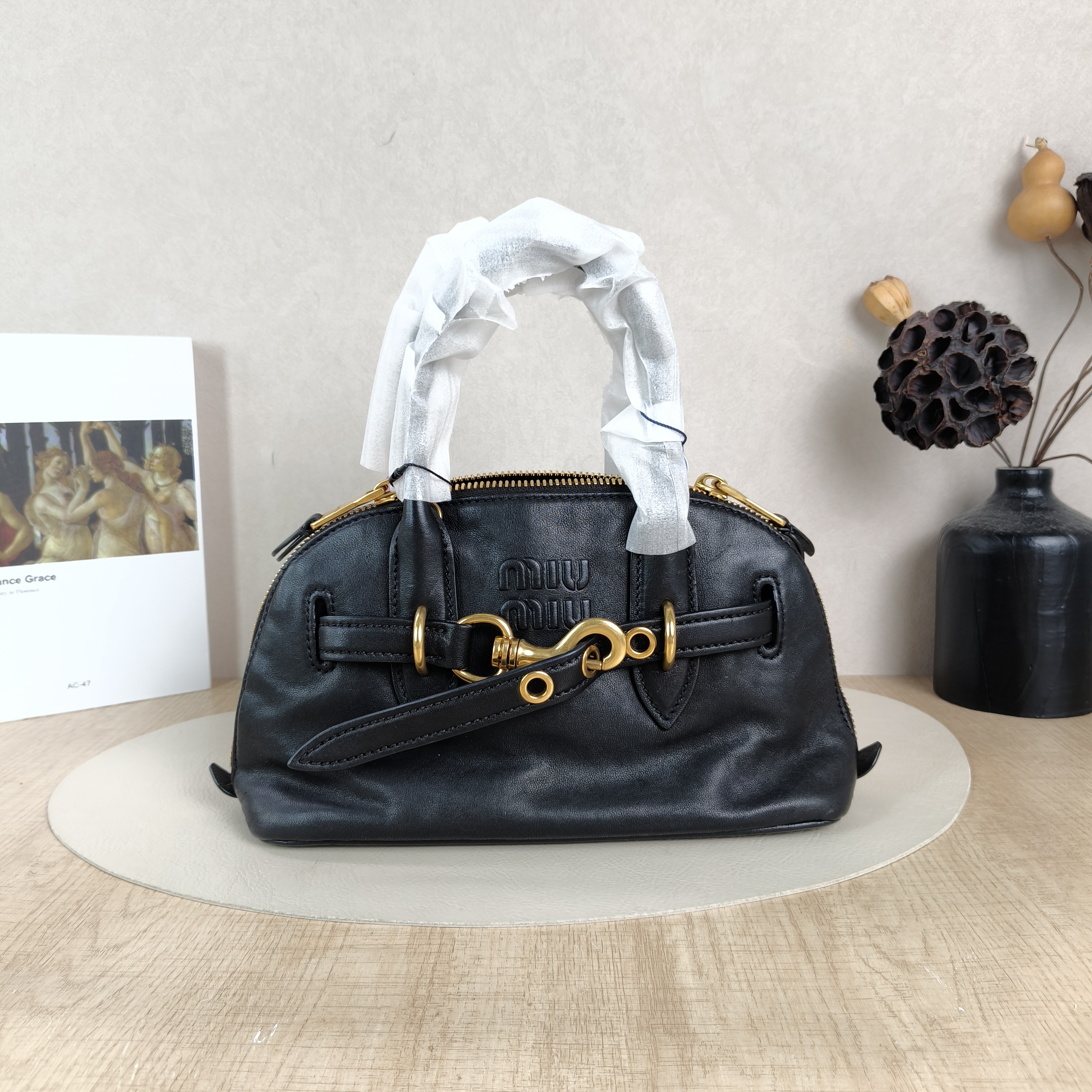 Miumiu Top Handle Bag Aventure Top Handle Bag Black Lambskin Small28 × 10 × 16.5 cm