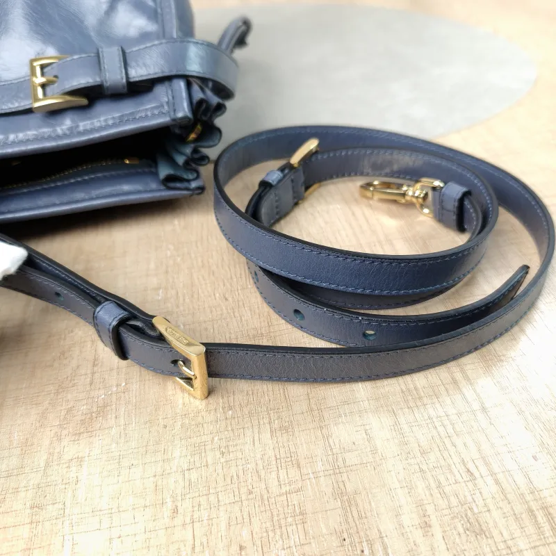 PRADA Shoulder Bag Bonnie Soft Lux Blue Waxed Leather Large 38 × 12 × 24 cm — detail view 10 of 11