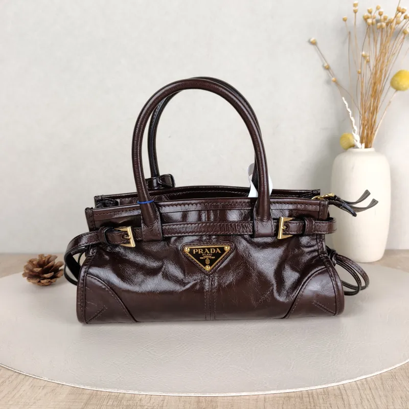 PRADA Top Handle Bag Bonnie Soft Lux Brown Waxed Leathermini23.5 × 9 × 12 cm