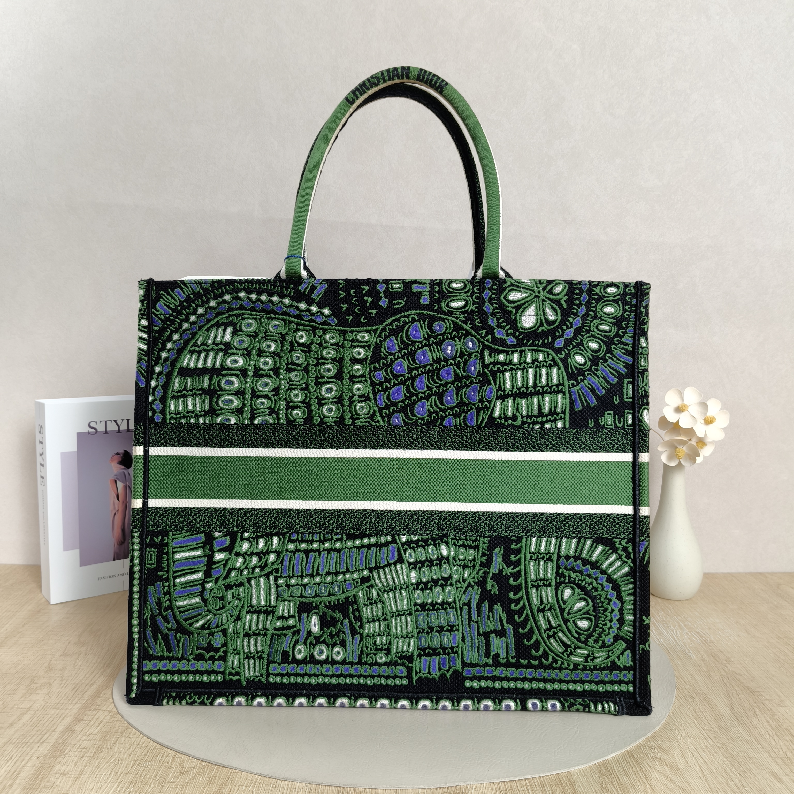 DIOR Top Handle Bag Book Tote Black Green Canvas Large42 × 18.5 × 35 cm — cover view 2 of 13