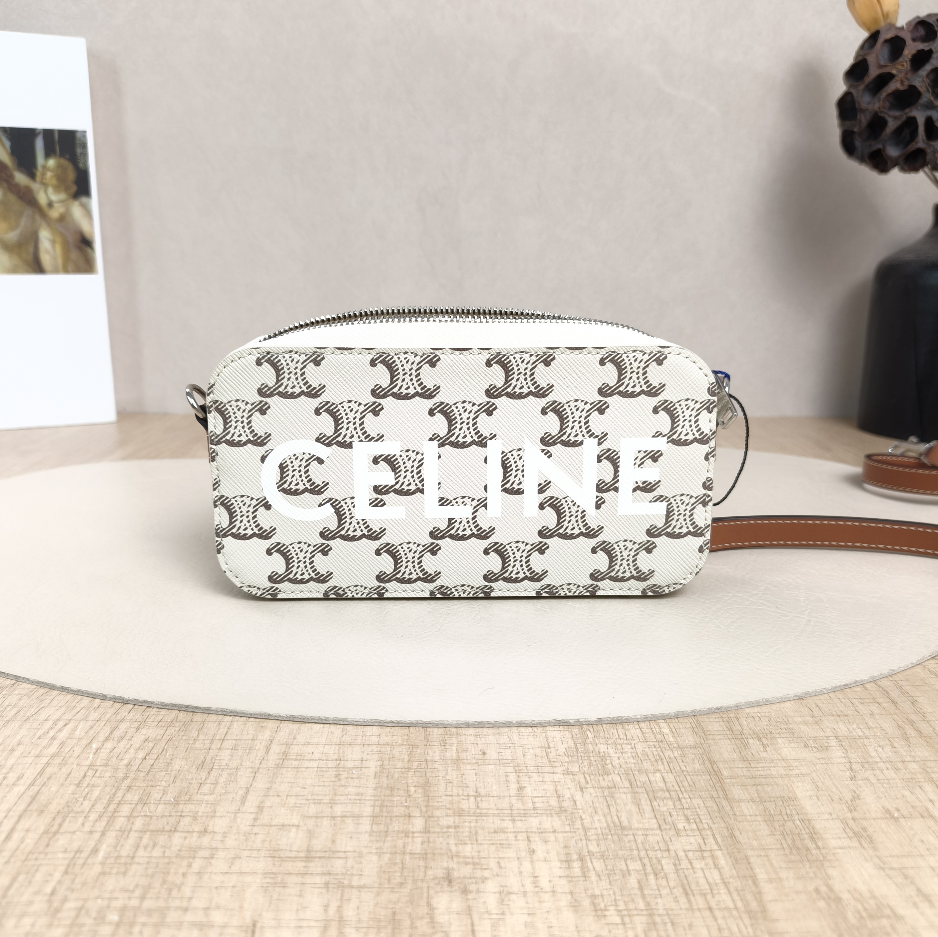 CELINE Crossbody Bag Triomphe Shoulder Crossbody Bag Clutch White Monogram PVC 17.5 × 3 × 9 cm