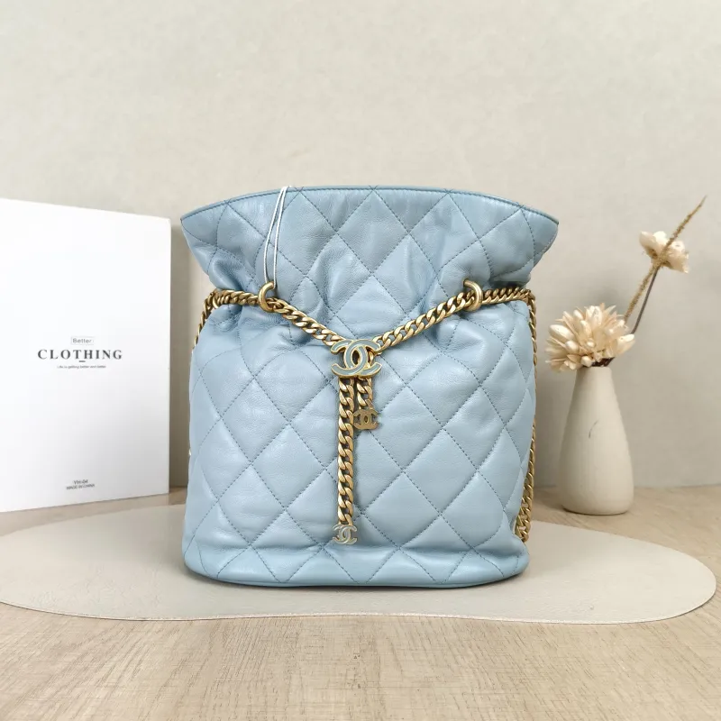 Chanel Crossbody Bag Bucket Bag Blue Calfskin One Size22 × 4 × 25 cm