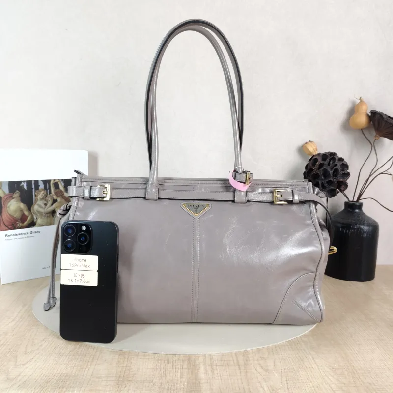 PRADA Shoulder Bag Bonnie Soft Lux Grey Waxed Leather Large 38 × 12 × 24 cm — cover view 4 of 6