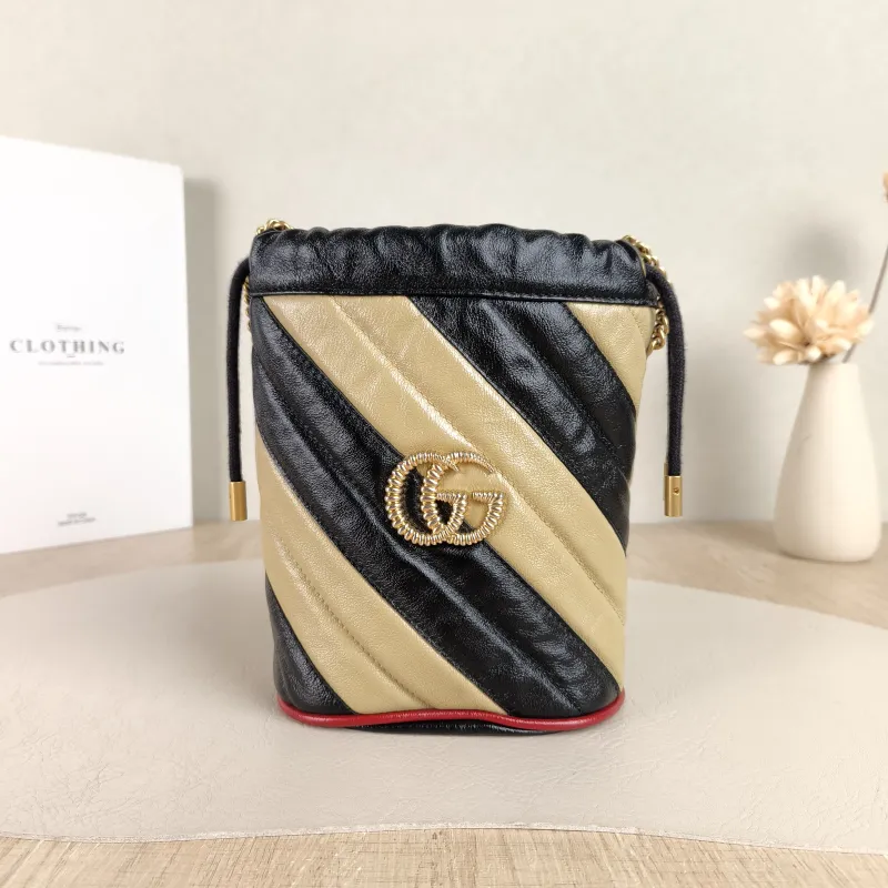 GUCCI Crossbody Bag GG Marmont Marmont Bucket Bag Black Brown Calfskin 14 × 10 × 17 cm