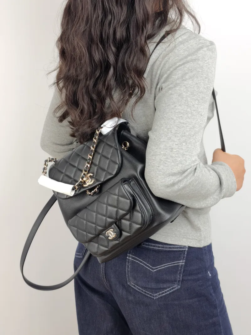 Chanel Backpack Duma Black Calfskin Large 21 × 13 × 23 cm — on-model view 2 of 3