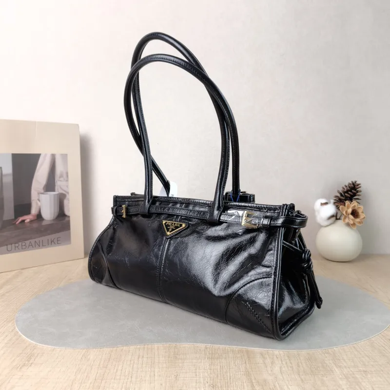 PRADA Shoulder Bag Bonnie Soft Lux Black Waxed Leather Medium 32 × 12 × 15.5 cm — cover view 2 of 6