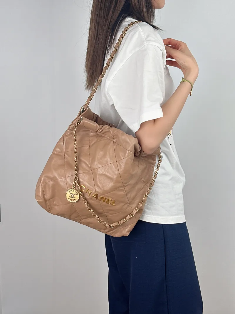Chanel Shoulder Bag22Bag Taupe Calfskin Small35 × 7 × 37 cm — on-model view 2 of 2