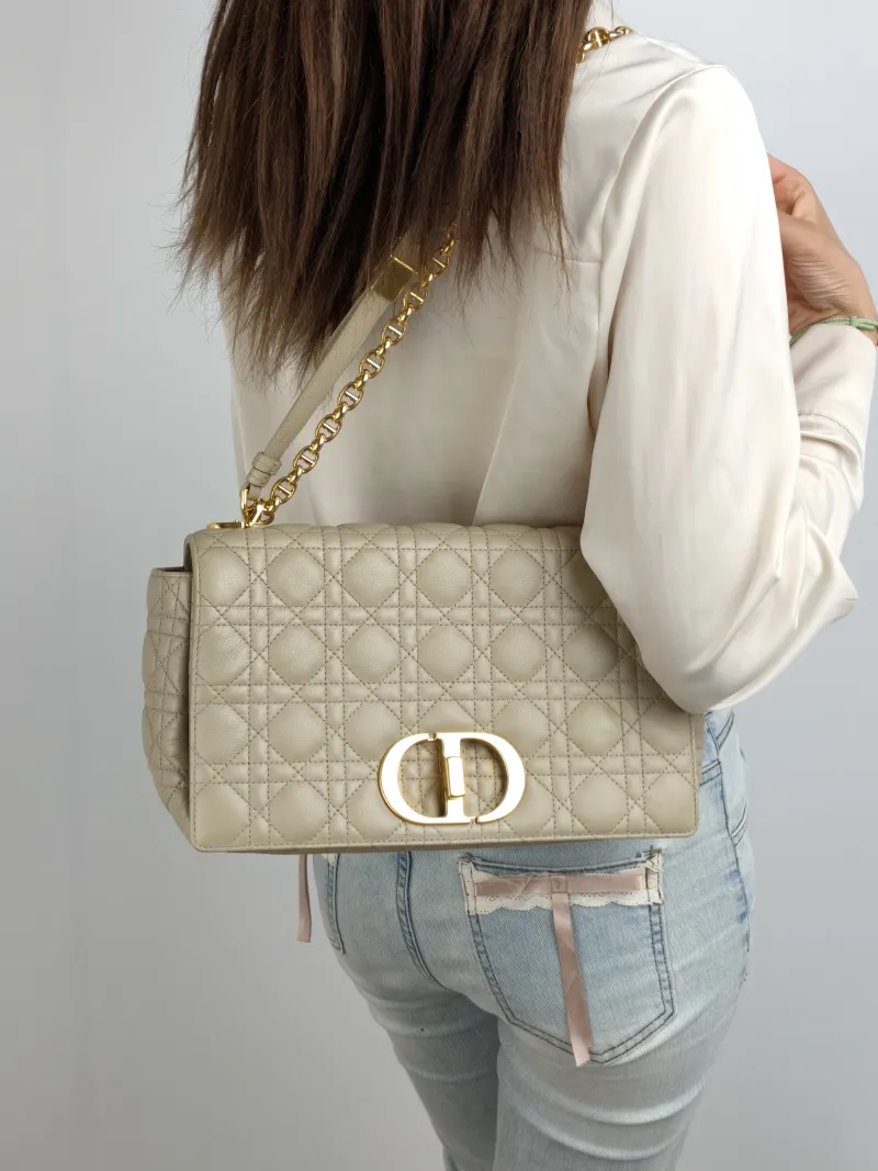 DIOR Shoulder Bag Caro Chain Bag Taupe Calfskin Large 28.5 × 10 × 17.5 cm — on-model view 2 of 2