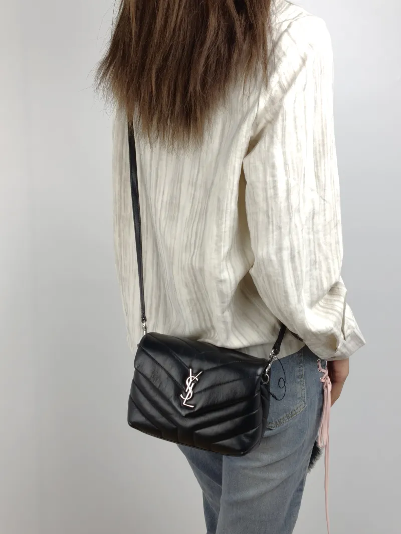 SAINT LAURENT Crossbody Bag LOULOU Black Calfskin Mini 20 × 7.5 × 14 cm — on-model view 2 of 2