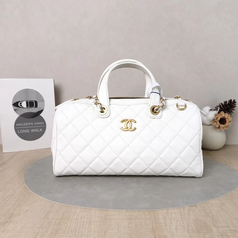 Chanel Crossbody Bag Bowling Bag White Gold Grained Calfskin One Size32 × 13 × 16 cm