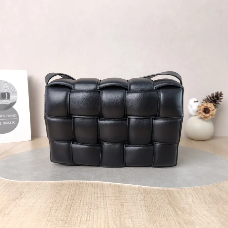 Bottega Veneta Crossbody Bag Padded Cassette Woven Black Lambskin Medium 26 × 8 × 18 cm