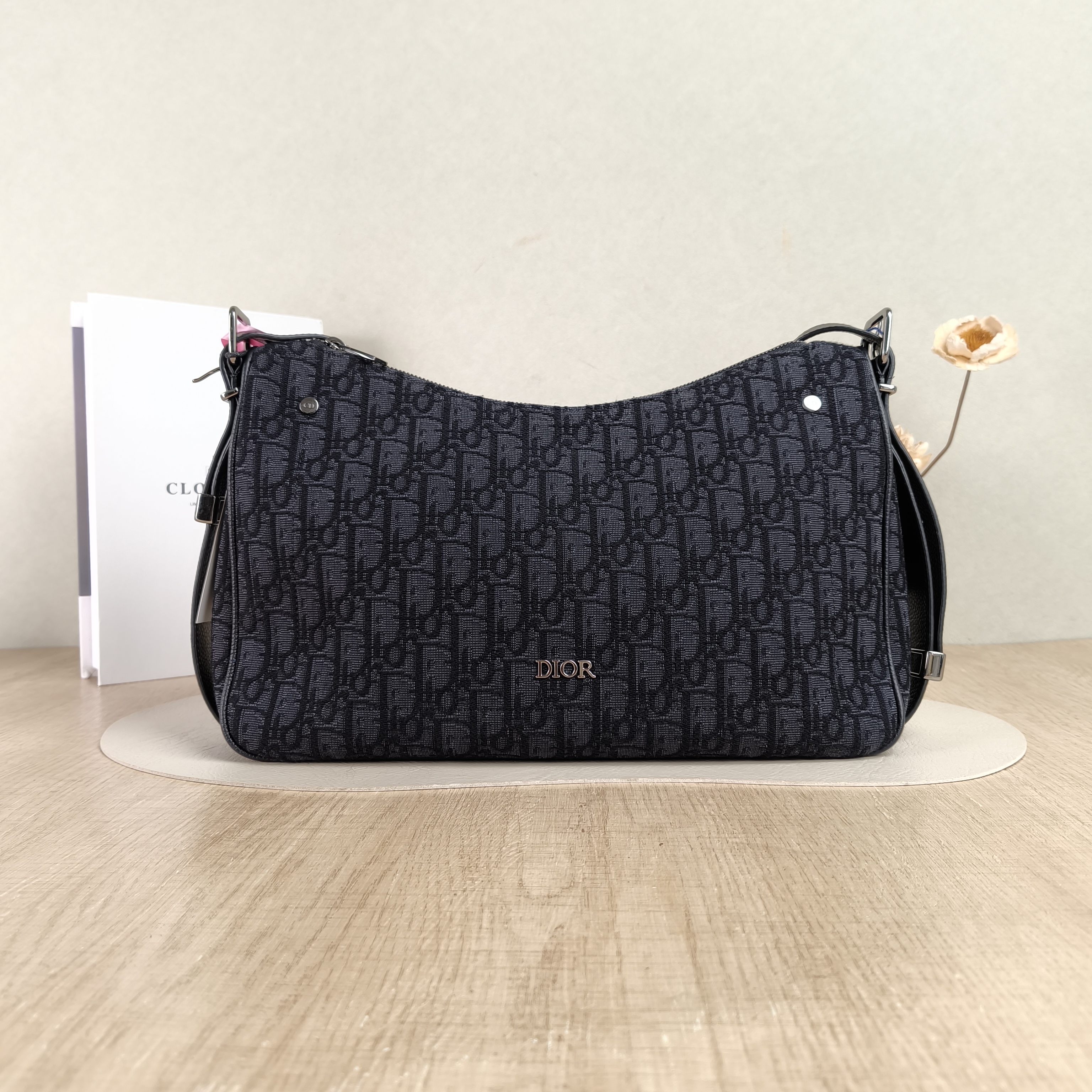 DIOR Crossbody Bag Slider Hobo Shoulder Bag Black Canvas Medium34 × 8.5 × 23 cm
