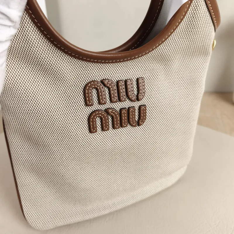 Miumiu Shoulder Bag IVY Tote Shopping Tote Beige Brown Canvas Mini 20*24 — detail view 4 of 8