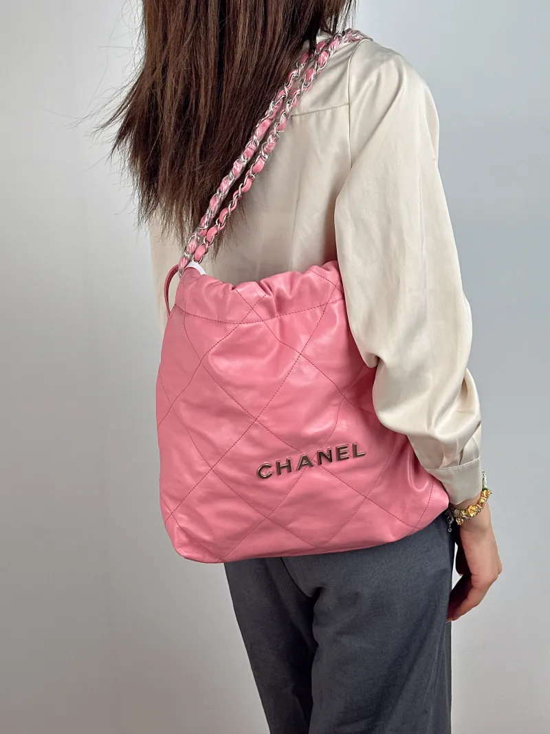 Chanel Shoulder Bag 22Bag Pink Silver-Tone Hardware Calfskin Small 35 × 7 × 37 cm — on-model view 1 of 2