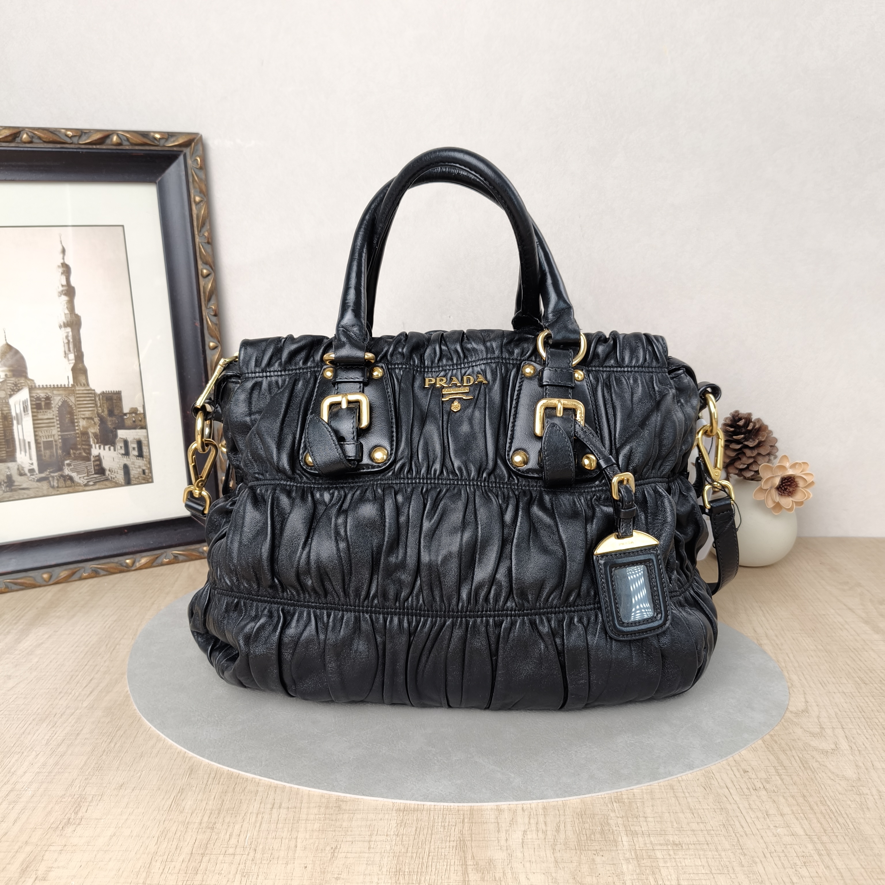 PRADA Top Handle Bag Tote Bag Black Lambskin 35 × 16 × 28 cm