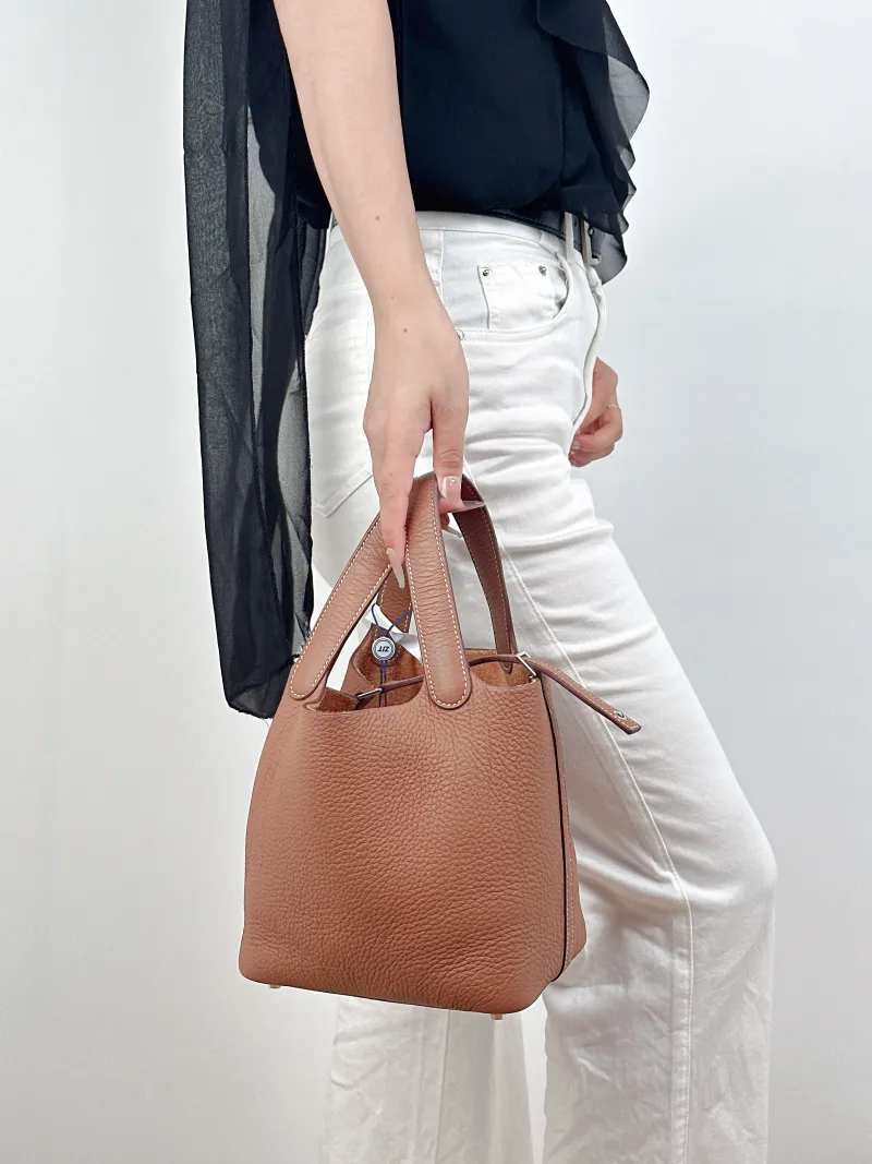 Hermès Top Handle Bag Picotin Lock 18 1837 Brown Taurillon Clemence TC Calfskin Small18 × 13 × 18 cm — on-model view 1 of 2