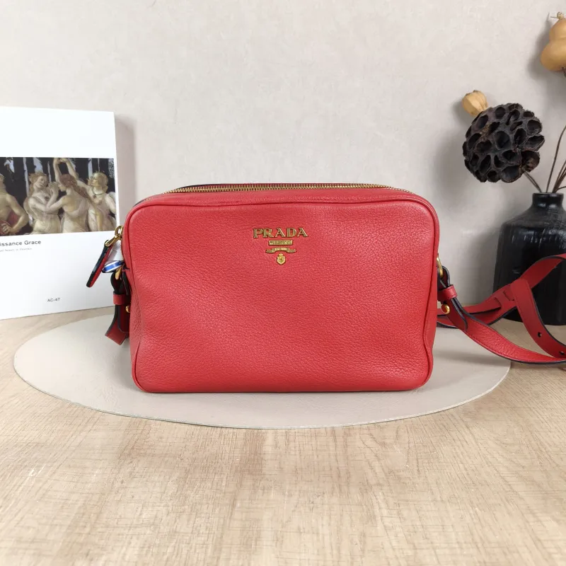 PRADA Crossbody Bag Camera Bag Red Calfskin One Size 24 × 9 × 16 cm