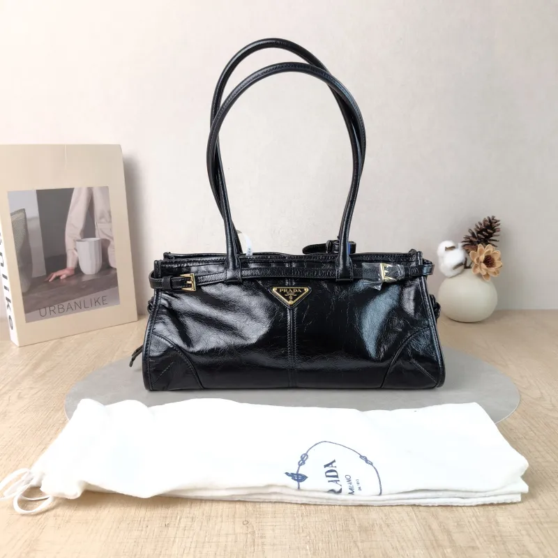 PRADA Shoulder Bag Bonnie Soft Lux Black Waxed Leather Medium 32 × 12 × 15.5 cm — cover view 4 of 6