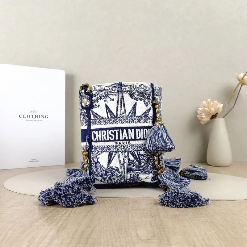 DIOR Crossbody Bag D-Bubble Bucket Bucket Bag Blue Canvas Small12 × 12 × 18.5 cm