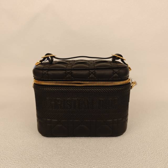 DIOR Top Handle Bag Travel Vanity Cosmetic Bag Black Lambskin18.5 × 10.5 × 13.5 cm