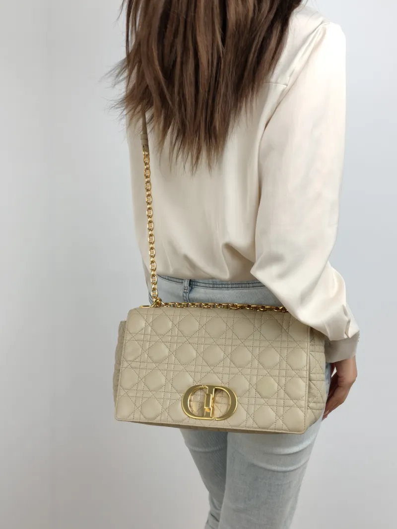 DIOR Shoulder Bag Caro Chain Bag Taupe Calfskin Large 28.5 × 10 × 17.5 cm — on-model view 1 of 2