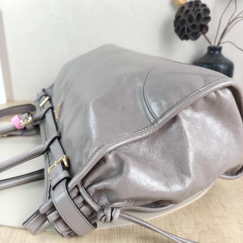 PRADA Shoulder Bag Bonnie Soft Lux Grey Waxed Leather Large 38 × 12 × 24 cm — detail view 2 of 11