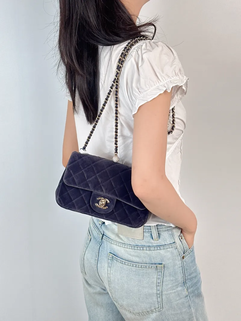 Chanel Crossbody Bag Classic Flap Large Mini CF Mini Blue Velvet mini 20 × 6 × 12 cm — on-model view 3 of 3