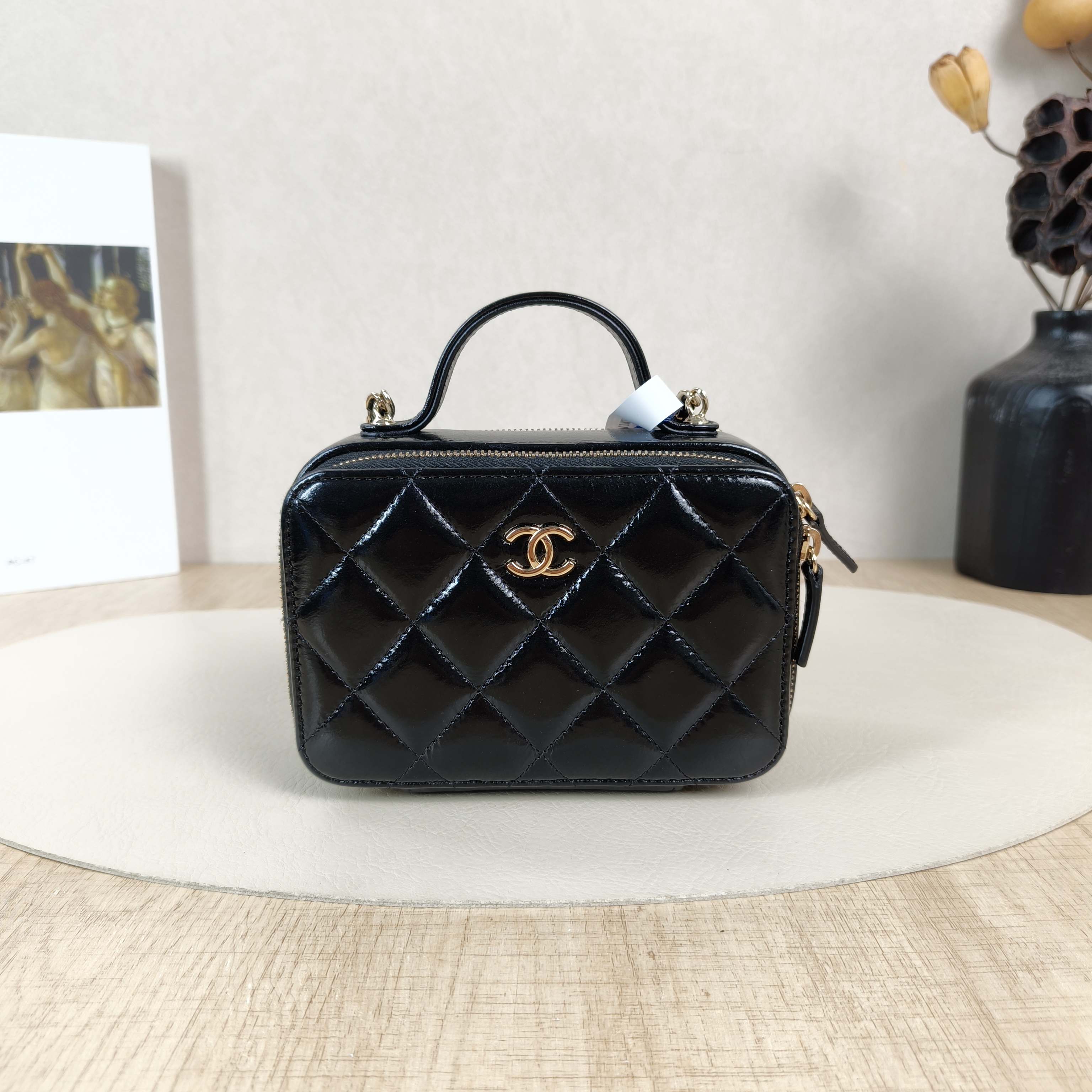 Chanel Crossbody Bag22b Camera Bag Black Waxed Leathermini15 × 7 × 10 cm