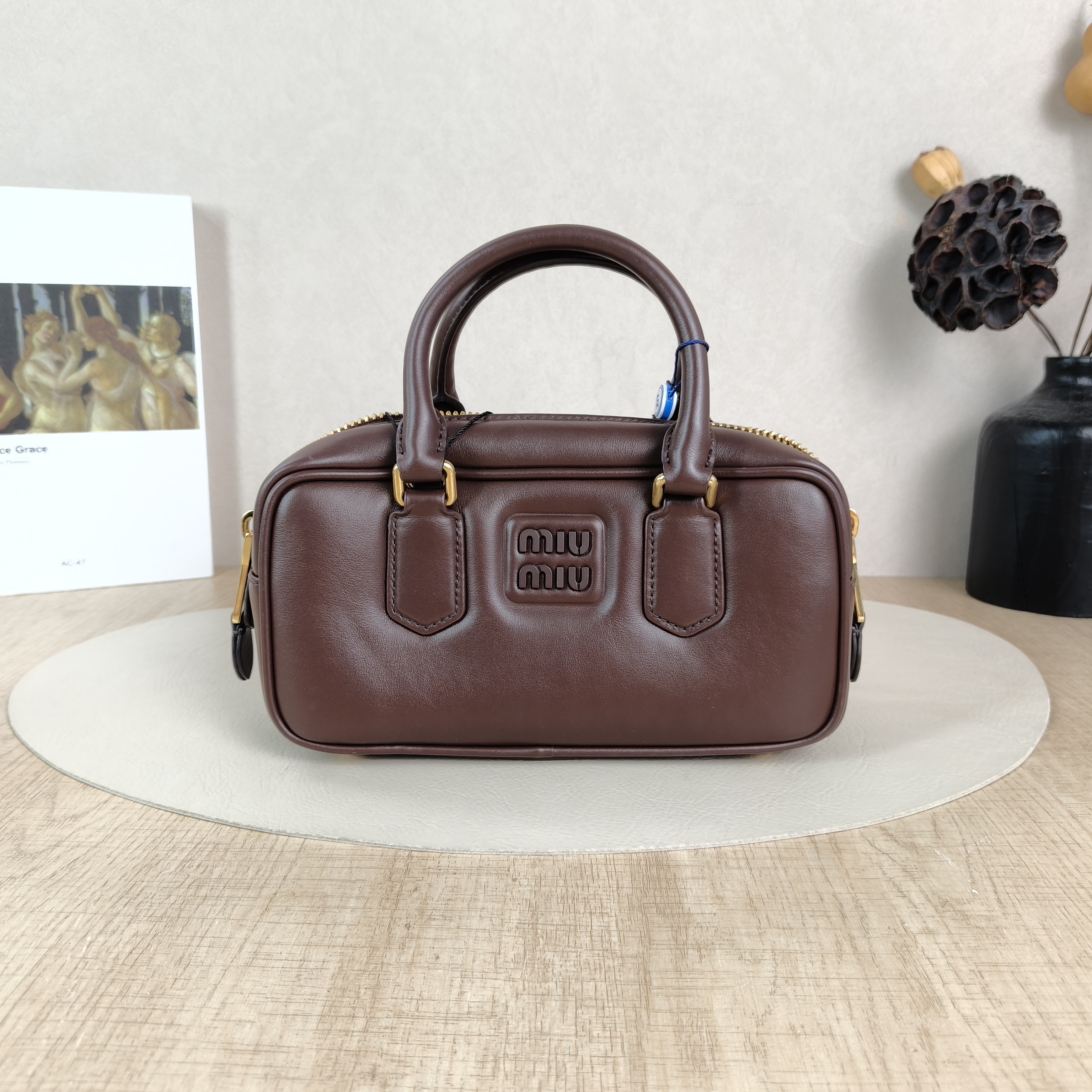 Miumiu Top Handle Bag Arcadie Collection Bowling Bag Brown Calfskin Medium22 × 7.5 × 10.5 cm