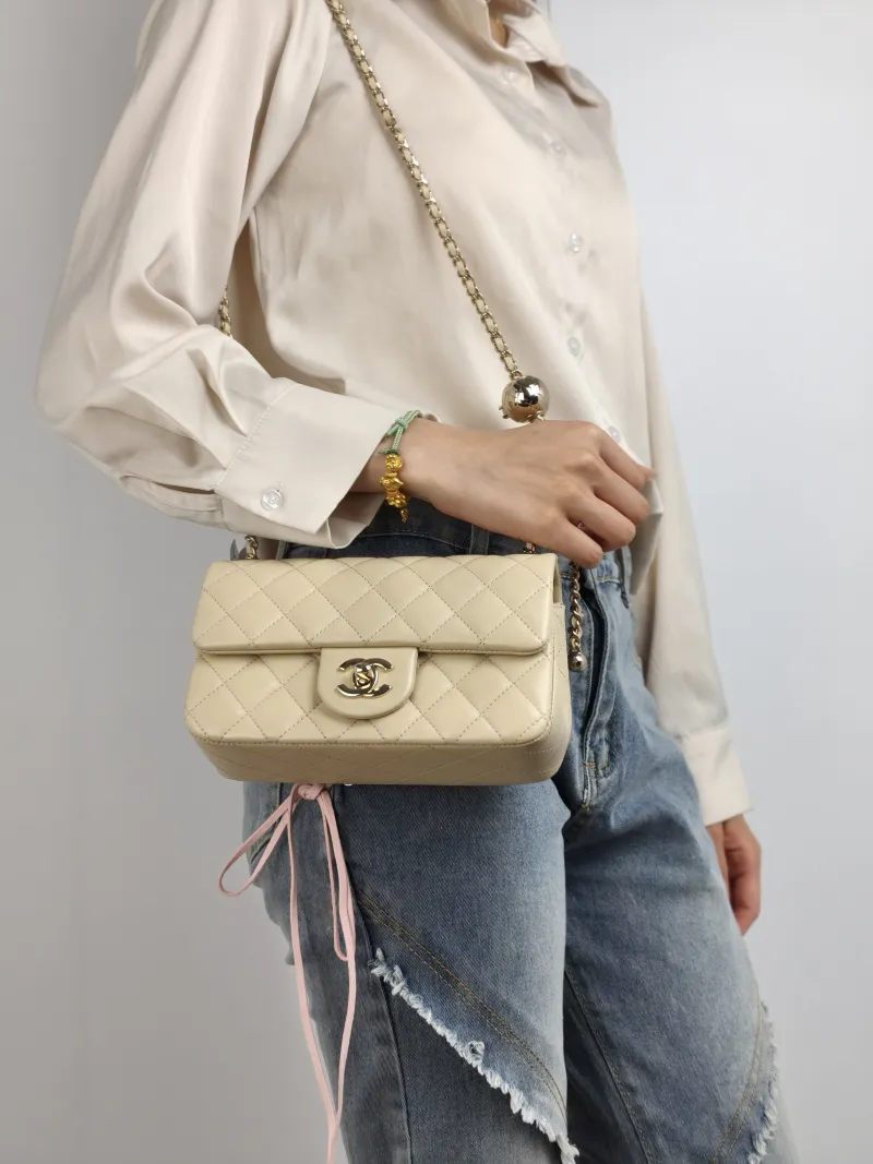 Chanel Crossbody Bag Classic Flap Large Mini CF Mini Beige Lambskin mini 20 × 6 × 12 cm — on-model view 1 of 2
